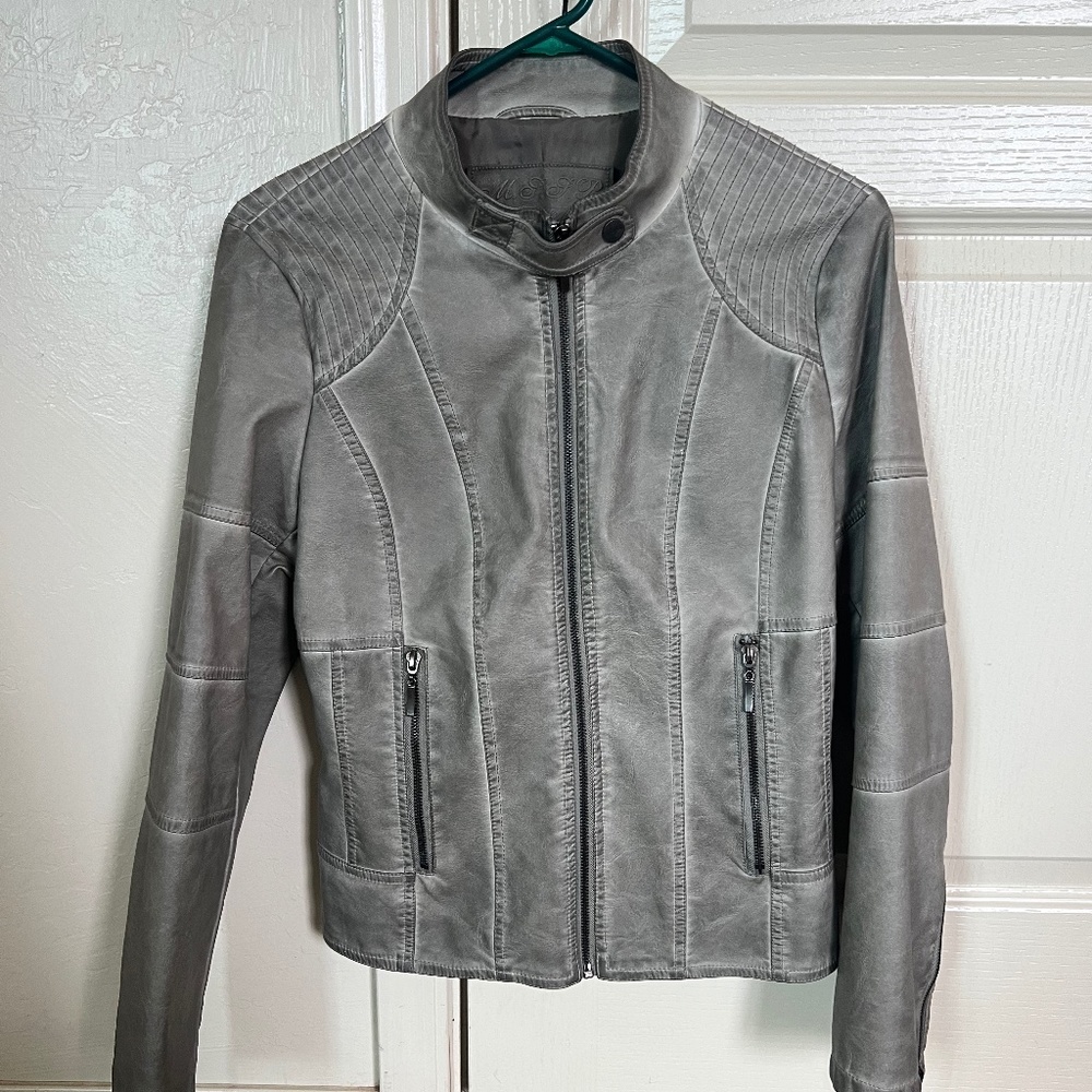 EUC Max Studio M.S.S.P. Sm Medium Distressed Faux Leather Moto Jacket - Grey